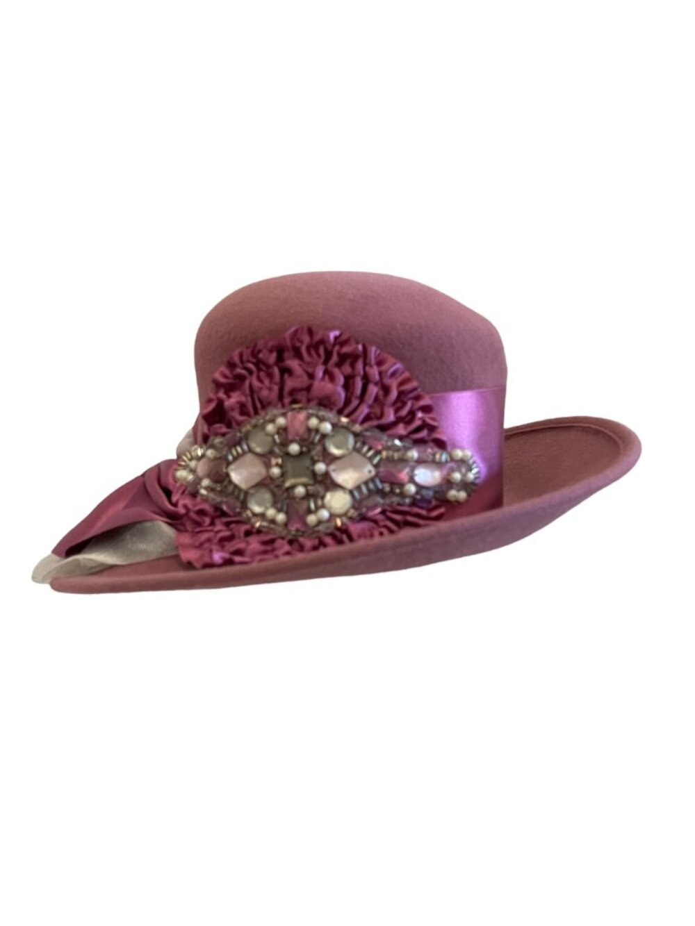 Louise Green Pink Wool Felt Wide Brim Hat Satin Ribbon  Rhinestone Embellishment